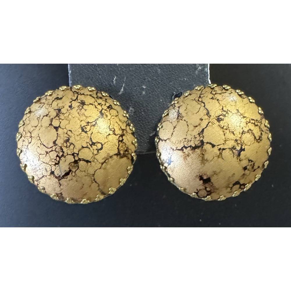 Vintage German Gold Crackle Glass Clip On Earrings Mid Century Round 1‎ Inch
